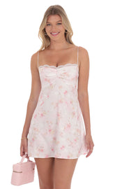 Satin Floral Back Lace Dress in Pink